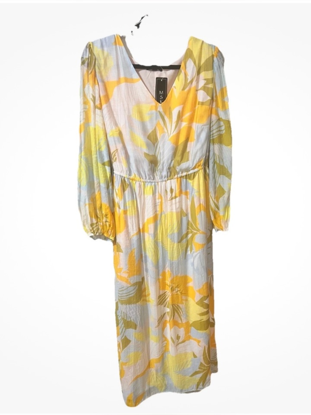 MSK Yellow Floral V-Neck Long Sleeve Midi Dress SZ 2X W32 P to P 21